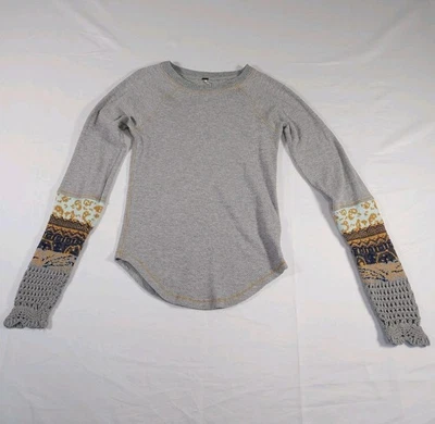 Free People Womens S Thermal Shirt Knit Cuffs Gray Fair Isle Long Sleeve - Image 1 of 4