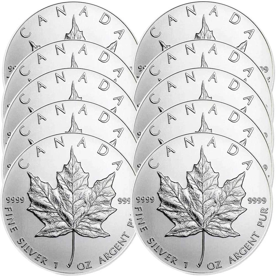 Lote de 10 monedas de plata fina hoja de arce canadiense 0,9999 2022 de 1 oz BU $5 Foto 1 de 3