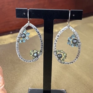 Pendientes ovalados colgantes de plata esterlina Silpada India cuentas de cristal martillado 2,5" - Imagen 1 de 7