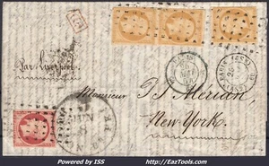FRANCE N°13x3 + 18 SUR LETTRE POUR NEW YORK CACHET GROS POINTS + AS2 25/05/1854 - Picture 1 of 4