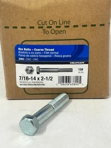 10 POUNDS Hillman Zinc 7/16"-14 x 2-1/2" Coarse Thread Hex Bolts 661410 - Picture 1 of 6