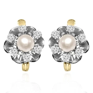14k Solid Yellow and White Gold Genuine Diamond and Pearl Earrings #E1743 - Picture 1 of 4