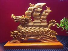 Chinese Arborvitae Yabai wood Hand-carved Dragon Boat Statue崖柏一帆风顺 