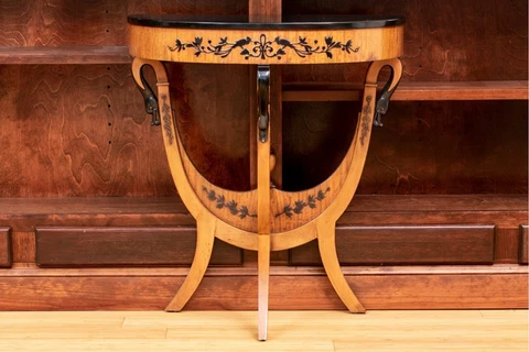 Neoclassical Swan Head Figured Maple Demilune Console Table Cover