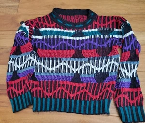 Retro Vint HANDKNIT JUMPER SWEATER KNIT Boxy Blue Red Checkered Grey Wool 1980s - Picture 1 of 5