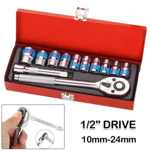 12PCS 1/2'' Socket Set 10-24mm Steel Case Metric Drive Extension Ratchet Wrench - Picture 1 of 15