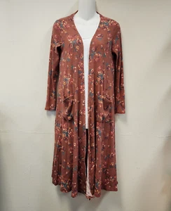 LuLaRoe Long Line Duster Cardigan XS Rust Floral Kimono Boho Cottage Core - Picture 1 of 9