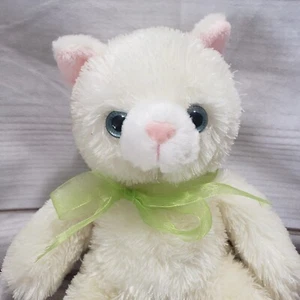 Aurora White Cat Plush Stuffed Animal Blue Eyes Pink Ears Nose Green Bow 7 Inch - Picture 1 of 8