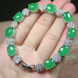 Green Jade White Gold Plated Cabochon Imitation Diamond Flower Bangle Bracelet - Picture 1 of 8