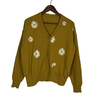 Cardigã Feminino Grande Amarelo-Verde Bordado Margarida Funky Y2K Floral Feminino - Imagem 1 de 4