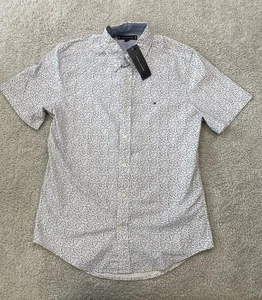 Camicia Tommy Hilfiger uomo piccola blu bianca manica corta stampa bottoni - Foto 1 di 6