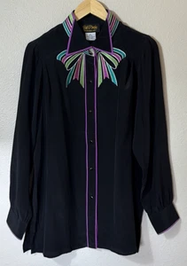 Vintage Bob Mackie Wearable Art schwarzes Hemd XL Seide bestickt Schleife Bluse - Bild 1 von 7