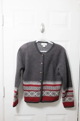 Tally Ho Gray Jacket Size M 100% Wool Fair Isle Long Sleeve Cardigan Sweater Top - Image 1 of 3