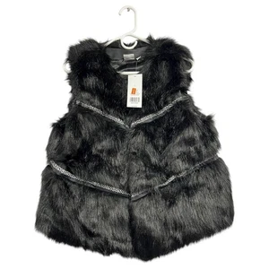 New Directions Faux Fur Vest Womens Large Black Satin Lined Hook Eye Festive - Picture 1 of 8