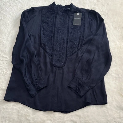 Lucky Brand Women's Navy Solid Florence Embroidered Blouse Top Size Medium - Image 1 of 4