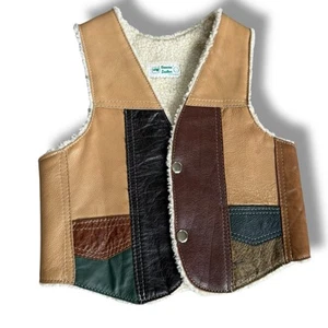 Retro Kids Patchwork Leather Vest boys size 6 brown tan green black shearling - Picture 1 of 4