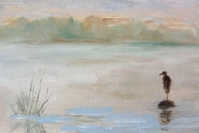 Seelandschaft Reiher Vogel Ölmalerei 15x10 cm Tier Ölgemälde auf Karton - Bild 1 von 4