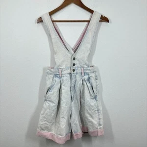 RIO Vintage 80s Denim One Piece Shortall Strampler Acid Washed Pink Striped Hem - Bild 1 von 11