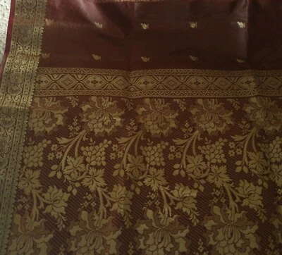 Faux Silk Georgette Saree Fabric BROWN Gold Metallic Embroidery 45"W x 5½ Yds - Image 1 of 4