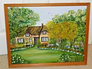 OIL PAINTING NAIVE STYLE COUNTRY COTTAGE & GARDEN SIGNED KB 89, FRAMED - Picture 1 of 7