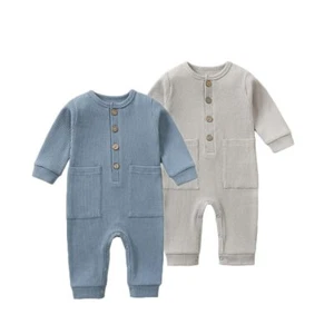 Newborn Baby Boy Girl 2 Pack Button Solid Romper Infant Long sleeve Knit Cott... - Picture 1 of 8