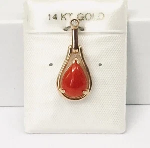 Solid 14K Yellow Gold Natural Pear Shape Aka Red Coral & Diamond Pendants NEW - Picture 1 of 7