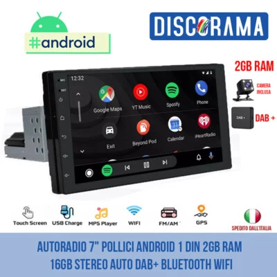 AUTORADIO 7" POLLICI ANDROID 1 DIN 2GB RAM 16GB STEREO AUTO DAB+ BLUETOOTH WIFI - Immagine 1 di 4