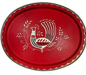 Mid-Century Modern Peacock Motif Oval Red & Gold Serving Tray 14.25”x 11.5” MCM - Picture 1 of 10