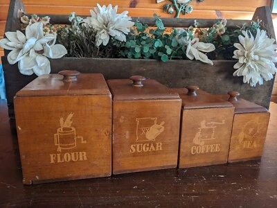 Vintage Unmarked Farmhouse Primitive Wooden Kitchen Canisters (4) - Image 1 of 4