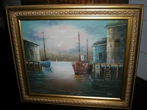 beautiful painting dock boat scene - Picture 1 of 5