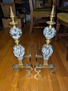 Vintage 60s Mid-Century St. Clair Brass And Paperweight Fireplace Andirons Pair  - Picture 1 of 13