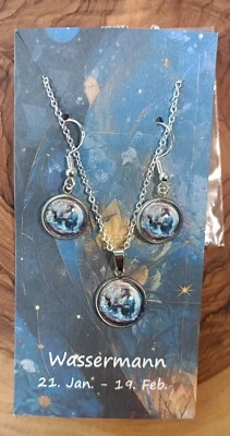 Cabochon Schmuckset Ohrringe Und Halskette Sternzeichen Wassermann  - Bild 1 von 4