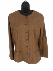 Vintage Genuine Leather Jacket Blazer Sz 12 Collarless Button Croc Embossed Tan - Picture 1 of 11