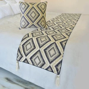 Decorative Blue Jacquard Twin Bed Runner, Lace & Moroccan Decor - Akida - Picture 1 of 5