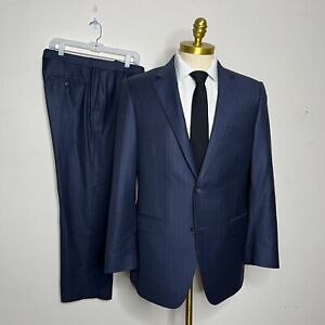 Samuelsohn Saks Fifth Avenue Suit Mens Blue Stripe Wool Super 150s  Size 42S 34W