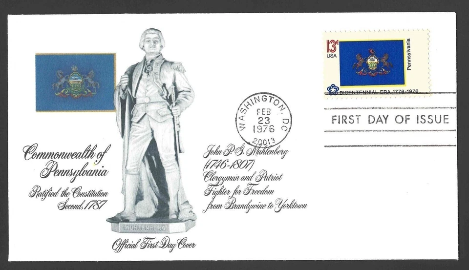 PENNSYLVANIA STATE FLAG  1976 FLEETWOOD cachet fdc STATUE OF JOHN MUHLENBERG UNA - Image 1 of 1