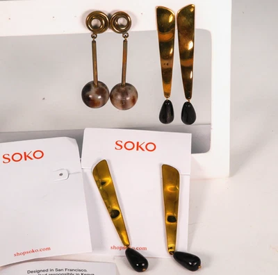 SOKO Brass Drop Earrings Kenya Handcrafted Gold Black Statement Lot 3 Pair New - Image 1 of 4