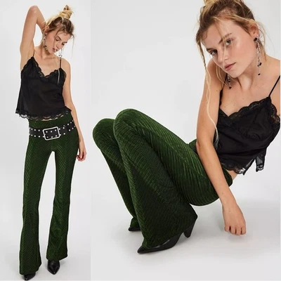 Free People Retro 70s Penny Pull-On Velvet Flare Pants Night Forest Green Large - Image 1 of 4
