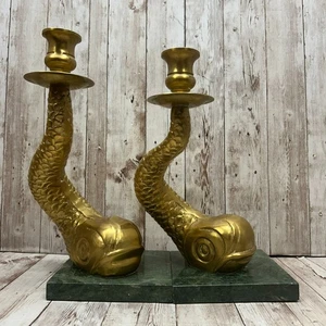 2 Vintage 11” Brass Green Marble Base Koi Fish Serpent Candlestick Candle Holder - Picture 1 of 3