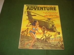 1962 ADVENTURE MAGAZINE, CHICKS TAKING DOWN A CHOPPER IN A BIKINI W/ A BOOMERANG - Picture 1 of 8