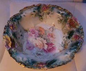 Vintage RS Prussia Porcelain Bowl 10" Round Flowers Gold Edge Decorative Shiny - Picture 1 of 8