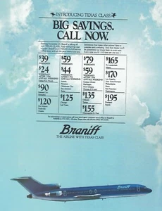BRANIFF Airlines TEXAS CLASS Fare Printed Letterhead 1980s BI 727-200 Blue Ultra - Picture 1 of 1
