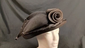 Vintage Women's Black Straw Flat Top Hat With Rose - Picture 1 of 6