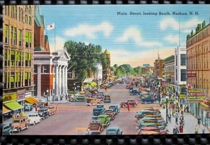 MAIN STREET LOOKING SOUTH NASHUA NH POSTCARD Vintage Cars Stores People Tichnor - Picture 1 of 2