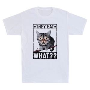 They Eat What?? Funny Confuse Cat Graphic Humor Quote Joke Vintage Men's T-Shirt - Picture 1 of 8