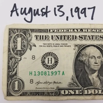 Birthday Anniversary Dollar Bill August 13, 1997 Serial Number $1 Series 2021 H - Image 1 of 4
