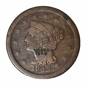 1843 Large Cent Counter Stamped "MOSES 1869" Large Cent - Picture 1 of 6