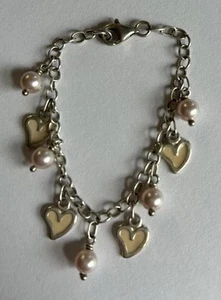 Silver Bracelet 925 (Hearts And Pearls Charms) - Picture 1 of 7