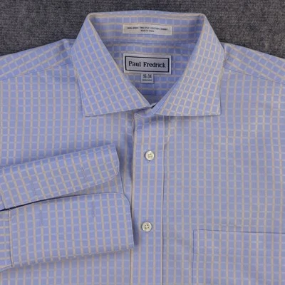 Paul Fredrick Dress Shirt 16 34 Blue Check Non Iron Spread Collar French Cuff - Image 1 of 4