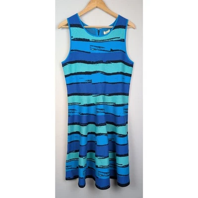 NEW Issa London Abstract Stripe Fit & Flare Dress Blue L - Image 1 of 4